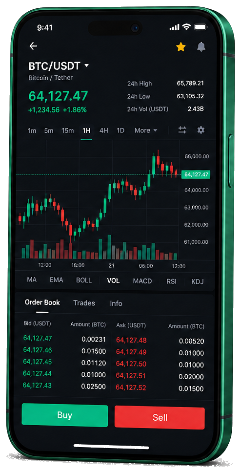 Plataforma de trading ZepvixAI en móvil — gráficos en tiempo real de BTC/USDT, libro de órdenes y panel de compra/venta